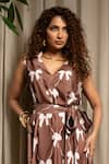 Sonam Parmar Jhawar_Brown Art Linen Printed Bow Lapel Collar Victoria Dress With Belt _Online_at_Aza_Fashions