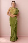 Buy_Samyukta Singhania_Green Crepe Printed Floral Keyhole Pre-draped Ruffle Saree With Blouse _at_Aza_Fashions