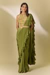 Samyukta Singhania_Green Crepe Printed Floral Keyhole Pre-draped Ruffle Saree With Blouse _Online_at_Aza_Fashions