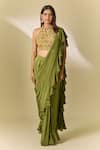 Samyukta Singhania_Green Crepe Printed Floral Keyhole Pre-draped Ruffle Saree With Blouse _at_Aza_Fashions