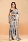 Samyukta Singhania_Grey Pure Silk Floral Woven Motif Saree With Running Blouse _Online_at_Aza_Fashions