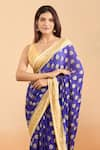 Samyukta Singhania_Blue Pure Handloom Cotton Chiffon Woven Contrast Hem Saree With Running Blouse _Online_at_Aza_Fashions