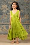 Buy_SnuggleMe_Green Chanderi Embroidery Sequin Lace Embellished Aliya Cut Tiered Dress _at_Aza_Fashions