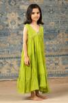 SnuggleMe_Green Chanderi Embroidery Sequin Lace Embellished Aliya Cut Tiered Dress _at_Aza_Fashions