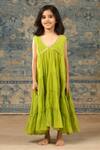 Buy_SnuggleMe_Green Chanderi Embroidery Sequin Lace Embellished Aliya Cut Tiered Dress 