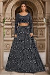 Buy_Kalighata_Navy Organza Hand Embroidery Floral Scoop Neck Blue Lehenga Set _at_Aza_Fashions