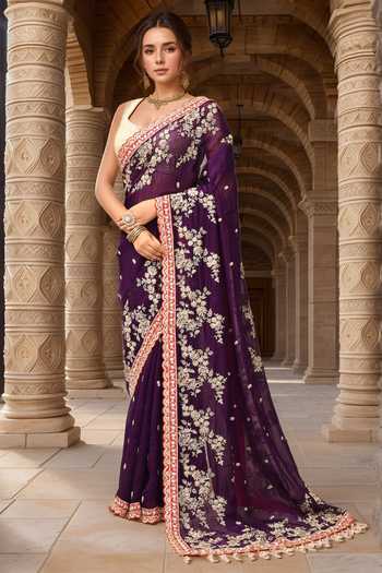 Buy_Kalighata_Purple Organza Crystals, Embroidery Asymmetric Cutdana Border Saree With Blouse _at_Aza_Fashions