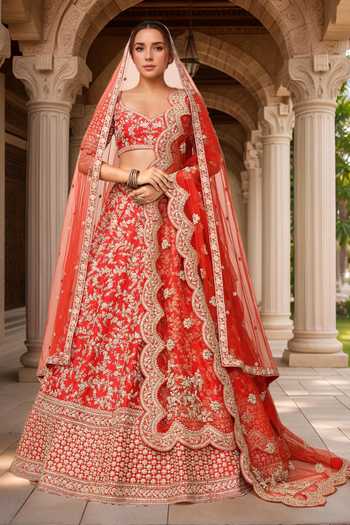 Buy_Kalighata_Red Silk, Net Zari, Sequins, Cut Work, Harshita Raw Bridal Lehenga Set _at_Aza_Fashions