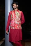 Shop_Mahima Mahajan_Red Glazed Cotton Printed Floral Nadeem Nehru Jacket _at_Aza_Fashions