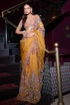 Buy_Mahima Mahajan_Yellow Organza Print Fiore Nafisa Embellished Pre-draped Saree With Blouse _at_Aza_Fashions