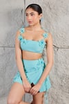 KIRAN KALSI_Blue Crepe Embroidery Crystals Square Flower Crop Top With Mini Skirt _Online_at_Aza_Fashions