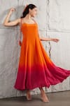 Buy_KIRAN KALSI_Orange Crepe Square Sunset Ombre Flared Dress _Online_at_Aza_Fashions