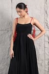 Buy_KIRAN KALSI_Black Crepe Embroidery Leaf Square Strap Flared Dress _Online_at_Aza_Fashions