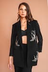 Shop_Kyra By Nina + Deepika_Black Crepe Embroidery Crane Lapel Collar The Night Dance Blazer _at_Aza_Fashions