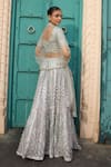 Shop_Tasuvure Indes_Silver Net Embroidered Bead Leaf Lehenga Blouse Set _at_Aza_Fashions