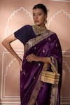 Tasuvure Indes_Purple Velvet Embroidered Gota V Neck Pleated Saree Gown With Attached Pallu _Online_at_Aza_Fashions