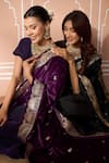 Buy_Tasuvure Indes_Purple Velvet Embroidered Gota V Neck Pleated Saree Gown With Attached Pallu _Online_at_Aza_Fashions