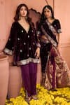 Tasuvure Indes_Purple Blouse And Dupatta Velvet Embroidered Floral V Neck Sharara Set _Online_at_Aza_Fashions