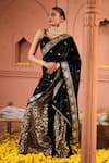 Tasuvure Indes_Black Blouse And Dupatta Velvet Embroidered Floral Veil V Neck Sharara Set _Online_at_Aza_Fashions