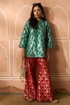 Buy_Tasuvure Indes_Green Brocade Silk Floral Veil Round Banarasi Begum Tunic With Flared Pant _at_Aza_Fashions