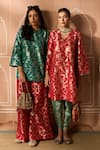 Tasuvure Indes_Green Brocade Silk Floral Veil Round Banarasi Begum Tunic With Flared Pant _Online_at_Aza_Fashions