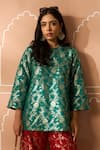 Shop_Tasuvure Indes_Green Brocade Silk Floral Veil Round Banarasi Begum Tunic With Flared Pant _Online_at_Aza_Fashions