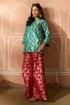 Tasuvure Indes_Green Brocade Silk Floral Veil Round Banarasi Begum Tunic With Flared Pant _at_Aza_Fashions