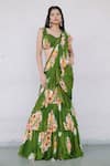 Buy_Foram Patel_Green Georgette Print Floral Sweetheart Neck Pre-draped Saree With Blouse _at_Aza_Fashions