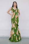 Foram Patel_Green Georgette Print Floral Sweetheart Neck Pre-draped Saree With Blouse _Online_at_Aza_Fashions