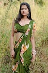 Shop_Foram Patel_Green Georgette Print Floral Sweetheart Neck Pre-draped Saree With Blouse _Online_at_Aza_Fashions