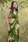 Foram Patel_Green Georgette Print Floral Sweetheart Neck Pre-draped Saree With Blouse _at_Aza_Fashions