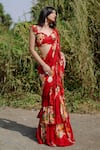 Buy_Foram Patel_Red Georgette Print Floral Sweetheart Neck Blossom Pre-draped Saree With Blouse _at_Aza_Fashions