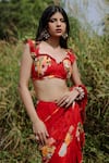 Foram Patel_Red Georgette Print Floral Sweetheart Neck Blossom Pre-draped Saree With Blouse _at_Aza_Fashions