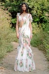 Foram Patel_White Georgette Print Floral Flower Blossom Pre-draped Saree With Blouse _Online_at_Aza_Fashions