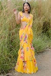 Buy_Foram Patel_Yellow Georgette Print Floral Flower Vine Pre-draped Saree With Blouse _at_Aza_Fashions