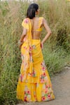 Shop_Foram Patel_Yellow Georgette Print Floral Flower Vine Pre-draped Saree With Blouse _at_Aza_Fashions