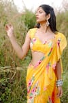 Foram Patel_Yellow Georgette Print Floral Flower Vine Pre-draped Saree With Blouse _Online_at_Aza_Fashions