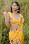 Buy_Foram Patel_Yellow Georgette Print Floral Flower Vine Pre-draped Saree With Blouse _Online_at_Aza_Fashions