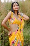 Shop_Foram Patel_Yellow Georgette Print Floral Flower Vine Pre-draped Saree With Blouse _Online_at_Aza_Fashions