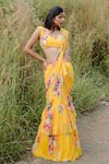 Foram Patel_Yellow Georgette Print Floral Flower Vine Pre-draped Saree With Blouse _at_Aza_Fashions