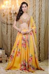 Buy_Foram Patel_Yellow Organza Print Floral Paan Neck Pleated Lehenga Set _at_Aza_Fashions