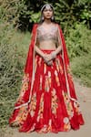 Foram Patel_Red Organza Print Floral Blossom V Neck Bloom Pleated Lehenga Set _Online_at_Aza_Fashions