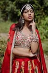 Foram Patel_Red Organza Print Floral Blossom V Neck Bloom Pleated Lehenga Set _at_Aza_Fashions