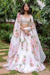 Buy_Foram Patel_White Organza Print Rose Bloom Cap Sleeve Lehenga Set _at_Aza_Fashions