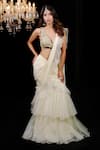 Buy_Foram Patel_Cream Organza Embroidery Mirror Pre-draped Mermaid Cut Saree With Sequin Blouse _at_Aza_Fashions