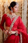 Buy_Foram Patel_Red Organza Embroidery And Cowrie Shell Embellished Pre-draped Saree With Blouse _Online_at_Aza_Fashions