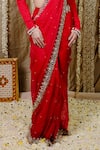 Shop_Foram Patel_Red Organza Embroidery And Cowrie Shell Embellished Pre-draped Saree With Blouse _Online_at_Aza_Fashions