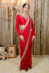 Foram Patel_Red Organza Embroidery And Cowrie Shell Embellished Pre-draped Saree With Blouse _at_Aza_Fashions