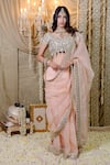 Buy_Foram Patel_Peach Organza Embroidery Flora Border Embellished Pre-draped Saree With Blouse _at_Aza_Fashions