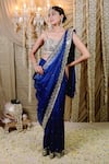 Shop_Foram Patel_Blue Fleur And Cowrie Shell Border Embellished Pre-draped Saree With Blouse _at_Aza_Fashions